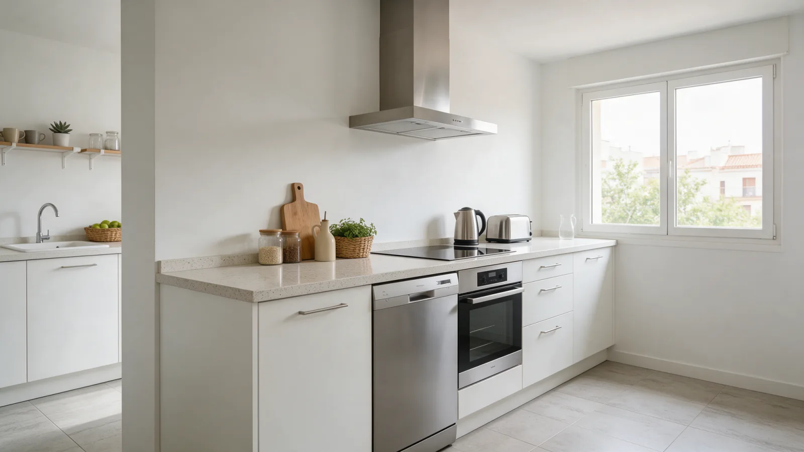 reformas integrales en madrid Cocina reformada con muebles blancos, encimera de cuarzo y placa de inducción en un piso de Madrid