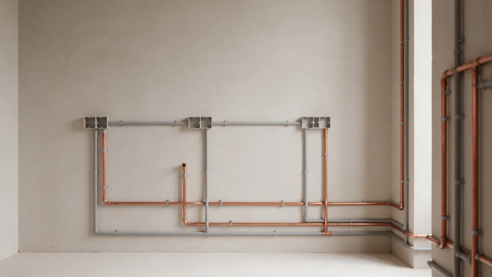 reformas integrales en madrid Cocina en obra con tubos eléctricos y tuberías nuevas en la pared antes de montar los muebles