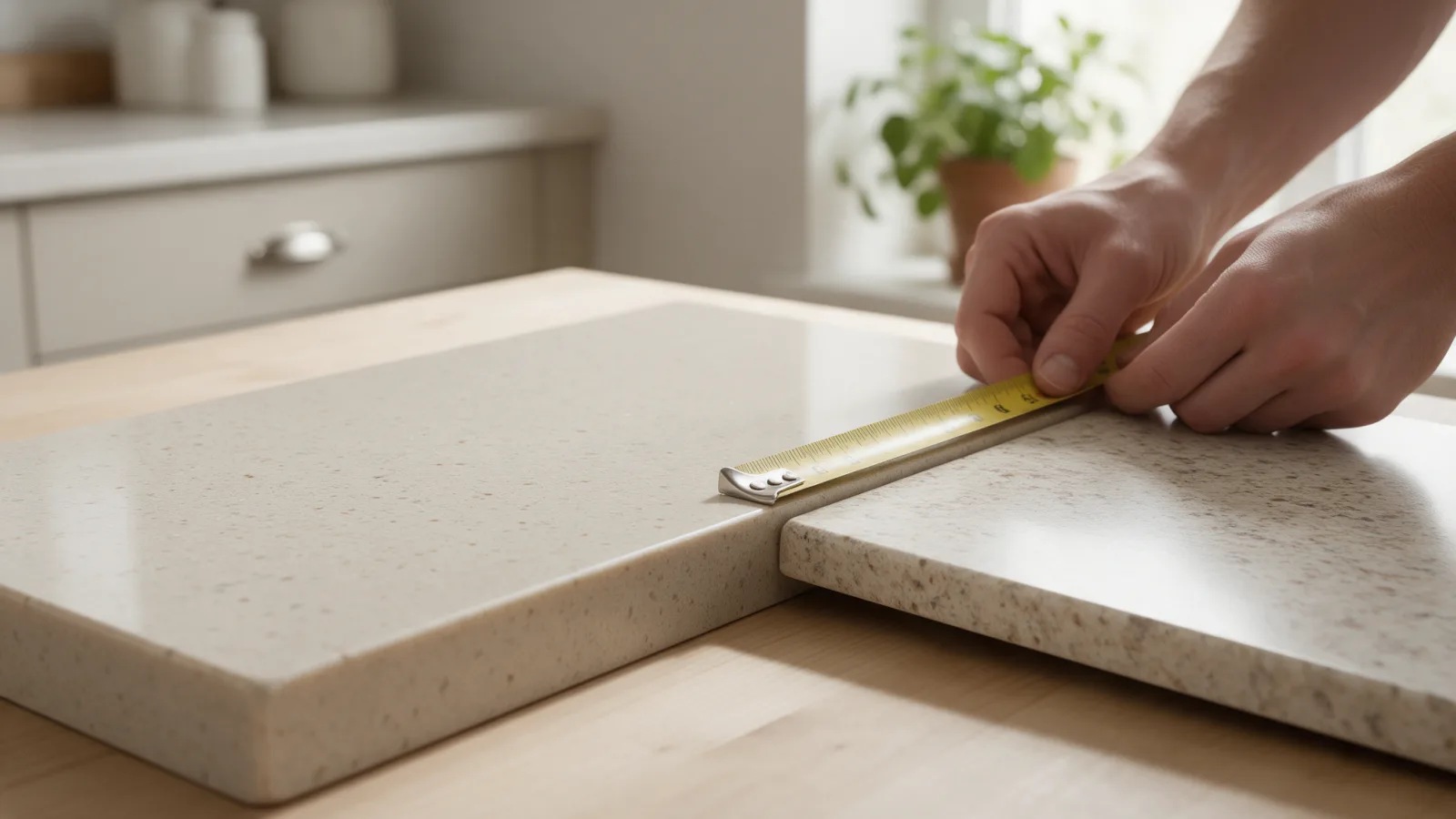 reformas integrales en madrid Manos midiendo muestras de encimera de cuarzo y laminado sobre una mesa